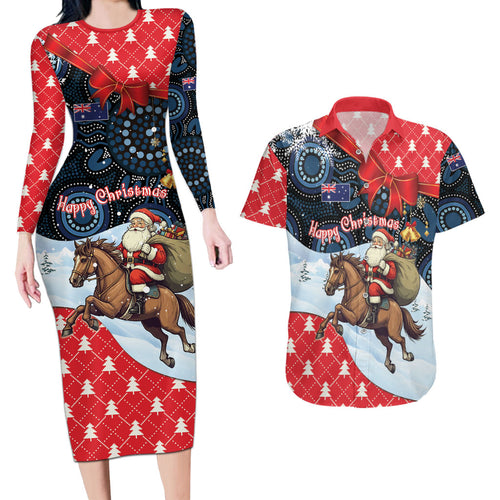 Australia Christmas In July Personalised Couples Matching Long Sleeve Bodycon Dress and Hawaiian Shirt Santa Horse Racing Aboriginal Dot Art