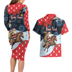 Australia Christmas In July Personalised Couples Matching Long Sleeve Bodycon Dress and Hawaiian Shirt Santa Horse Racing Aboriginal Dot Art