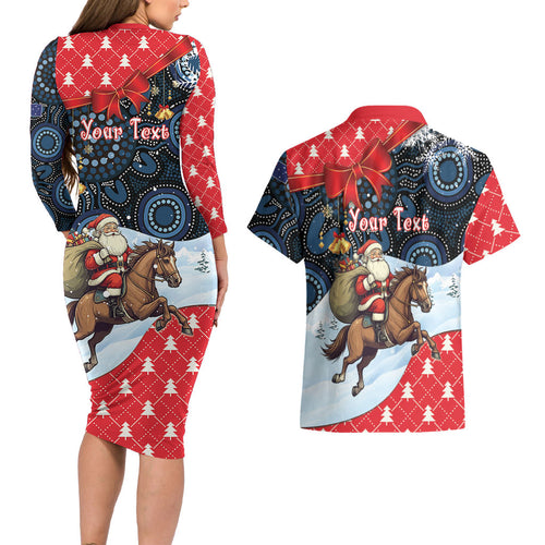 Australia Christmas In July Personalised Couples Matching Long Sleeve Bodycon Dress and Hawaiian Shirt Santa Horse Racing Aboriginal Dot Art