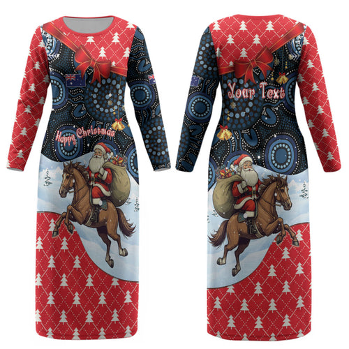 Australia Christmas In July Personalised Couples Matching Long Sleeve Bodycon Dress and Hawaiian Shirt Santa Horse Racing Aboriginal Dot Art LT22