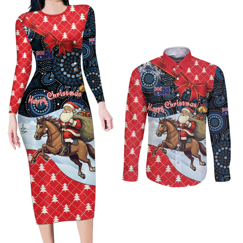 Australia Christmas In July Personalised Couples Matching Long Sleeve Bodycon Dress and Long Sleeve Button Shirt Santa Horse Racing Aboriginal Dot Art