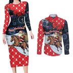 Australia Christmas In July Personalised Couples Matching Long Sleeve Bodycon Dress and Long Sleeve Button Shirt Santa Horse Racing Aboriginal Dot Art