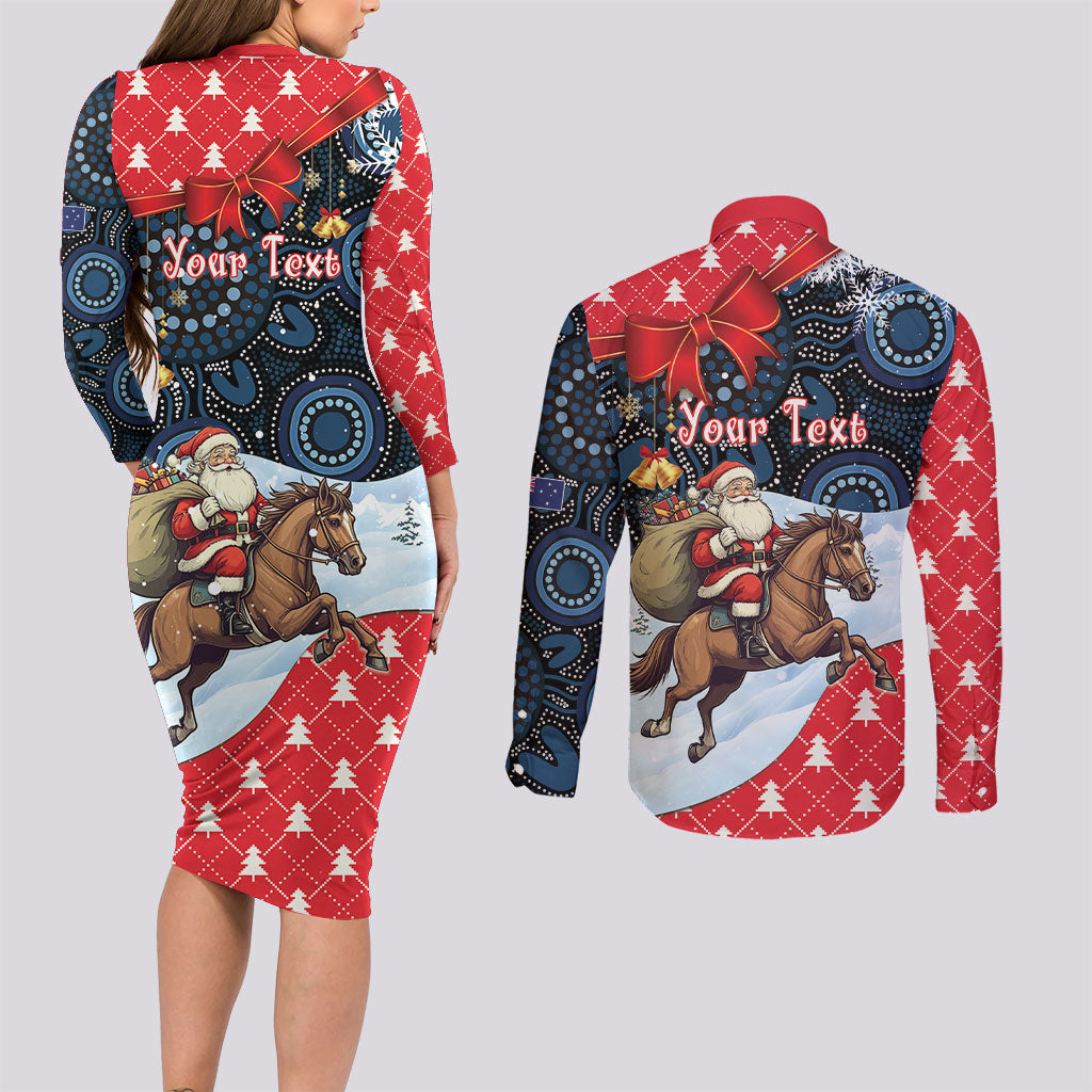Australia Christmas In July Personalised Couples Matching Long Sleeve Bodycon Dress and Long Sleeve Button Shirt Santa Horse Racing Aboriginal Dot Art