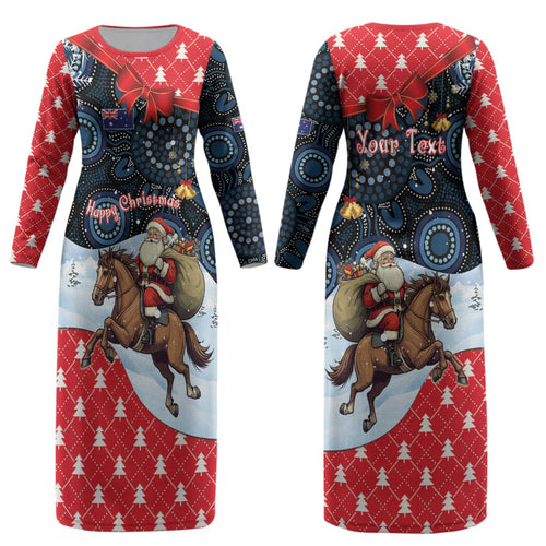 Australia Christmas In July Personalised Couples Matching Long Sleeve Bodycon Dress and Long Sleeve Button Shirt Santa Horse Racing Aboriginal Dot Art LT22
