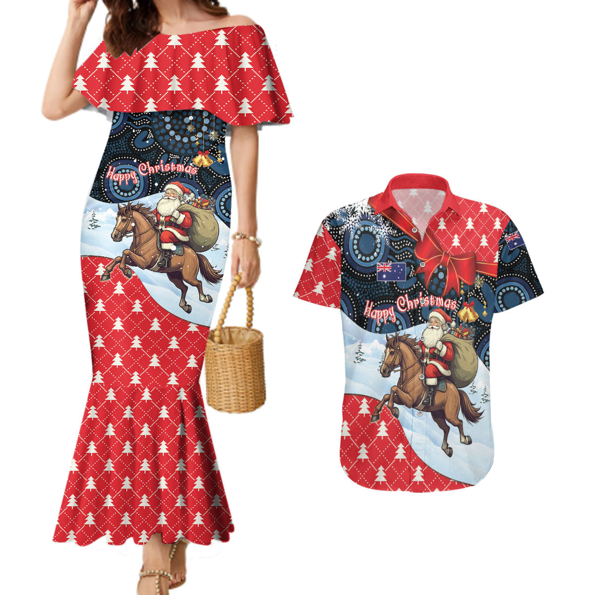 Australia Christmas In July Personalised Couples Matching Mermaid Dress and Hawaiian Shirt Santa Horse Racing Aboriginal Dot Art