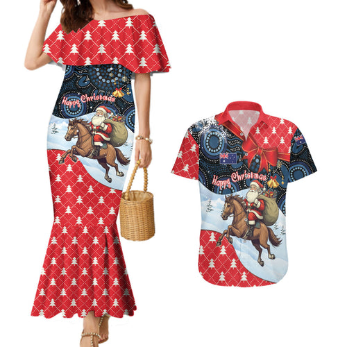 Australia Christmas In July Personalised Couples Matching Mermaid Dress and Hawaiian Shirt Santa Horse Racing Aboriginal Dot Art