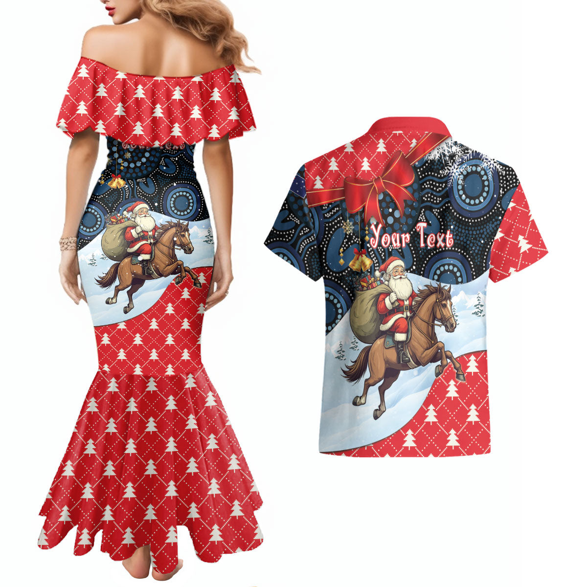 Australia Christmas In July Personalised Couples Matching Mermaid Dress and Hawaiian Shirt Santa Horse Racing Aboriginal Dot Art