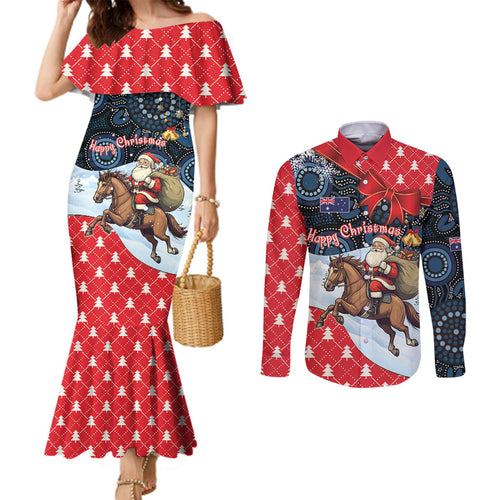 Australia Christmas In July Personalised Couples Matching Mermaid Dress and Long Sleeve Button Shirt Santa Horse Racing Aboriginal Dot Art