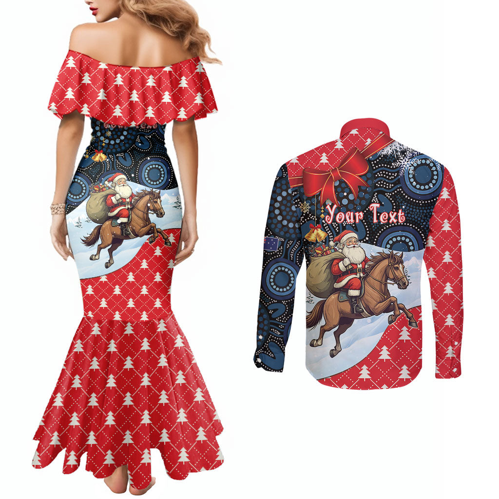 Australia Christmas In July Personalised Couples Matching Mermaid Dress and Long Sleeve Button Shirt Santa Horse Racing Aboriginal Dot Art