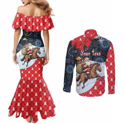 Australia Christmas In July Personalised Couples Matching Mermaid Dress and Long Sleeve Button Shirt Santa Horse Racing Aboriginal Dot Art