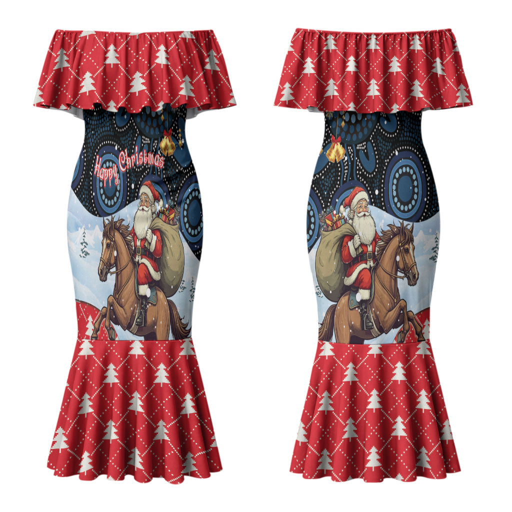 Australia Christmas In July Personalised Couples Matching Mermaid Dress and Long Sleeve Button Shirt Santa Horse Racing Aboriginal Dot Art LT22