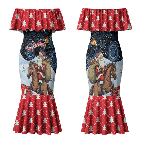 Australia Christmas In July Personalised Couples Matching Mermaid Dress and Long Sleeve Button Shirt Santa Horse Racing Aboriginal Dot Art LT22
