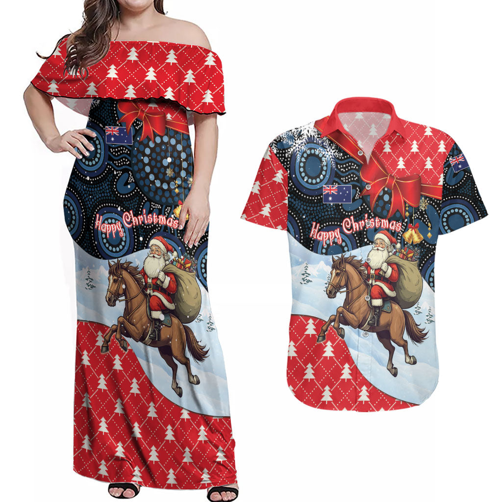 Australia Christmas In July Personalised Couples Matching Off Shoulder Maxi Dress and Hawaiian Shirt Santa Horse Racing Aboriginal Dot Art