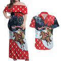 Australia Christmas In July Personalised Couples Matching Off Shoulder Maxi Dress and Hawaiian Shirt Santa Horse Racing Aboriginal Dot Art