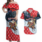 Australia Christmas In July Personalised Couples Matching Off Shoulder Maxi Dress and Hawaiian Shirt Santa Horse Racing Aboriginal Dot Art