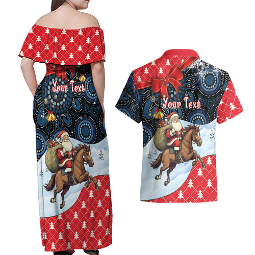 Australia Christmas In July Personalised Couples Matching Off Shoulder Maxi Dress and Hawaiian Shirt Santa Horse Racing Aboriginal Dot Art