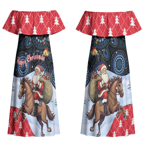 Australia Christmas In July Personalised Couples Matching Off Shoulder Maxi Dress and Hawaiian Shirt Santa Horse Racing Aboriginal Dot Art LT22