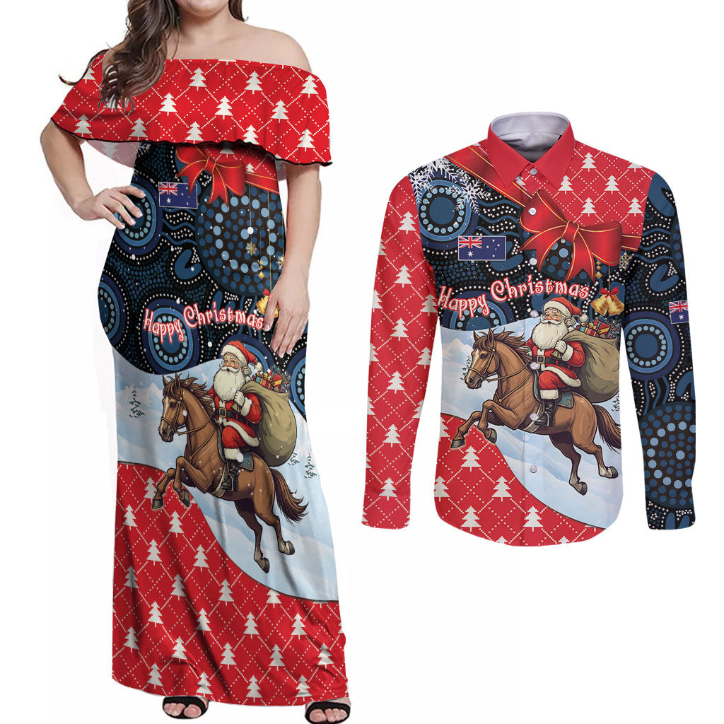 Australia Christmas In July Personalised Couples Matching Off Shoulder Maxi Dress and Long Sleeve Button Shirt Santa Horse Racing Aboriginal Dot Art