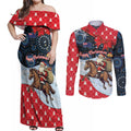 Australia Christmas In July Personalised Couples Matching Off Shoulder Maxi Dress and Long Sleeve Button Shirt Santa Horse Racing Aboriginal Dot Art