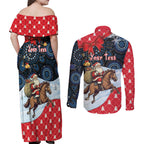 Australia Christmas In July Personalised Couples Matching Off Shoulder Maxi Dress and Long Sleeve Button Shirt Santa Horse Racing Aboriginal Dot Art