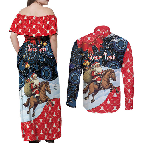 Australia Christmas In July Personalised Couples Matching Off Shoulder Maxi Dress and Long Sleeve Button Shirt Santa Horse Racing Aboriginal Dot Art