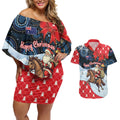 Australia Christmas In July Personalised Couples Matching Off Shoulder Short Dress and Hawaiian Shirt Santa Horse Racing Aboriginal Dot Art