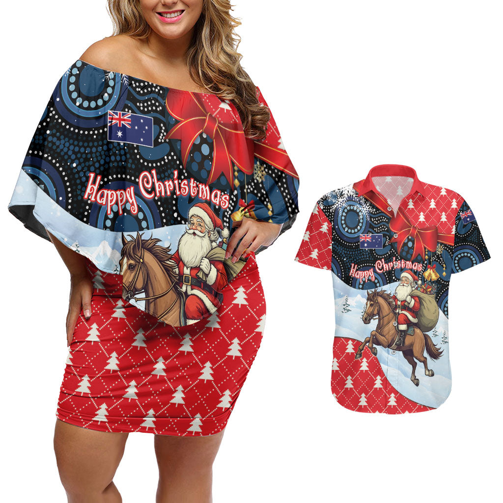 Australia Christmas In July Personalised Couples Matching Off Shoulder Short Dress and Hawaiian Shirt Santa Horse Racing Aboriginal Dot Art