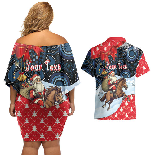 Australia Christmas In July Personalised Couples Matching Off Shoulder Short Dress and Hawaiian Shirt Santa Horse Racing Aboriginal Dot Art