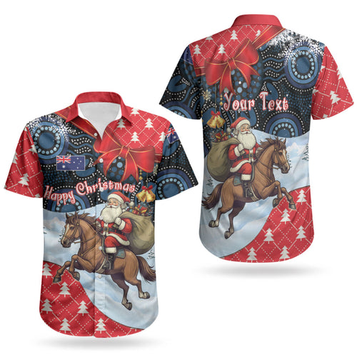 Australia Christmas In July Personalised Couples Matching Off Shoulder Short Dress and Hawaiian Shirt Santa Horse Racing Aboriginal Dot Art LT22
