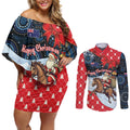 Australia Christmas In July Personalised Couples Matching Off Shoulder Short Dress and Long Sleeve Button Shirt Santa Horse Racing Aboriginal Dot Art