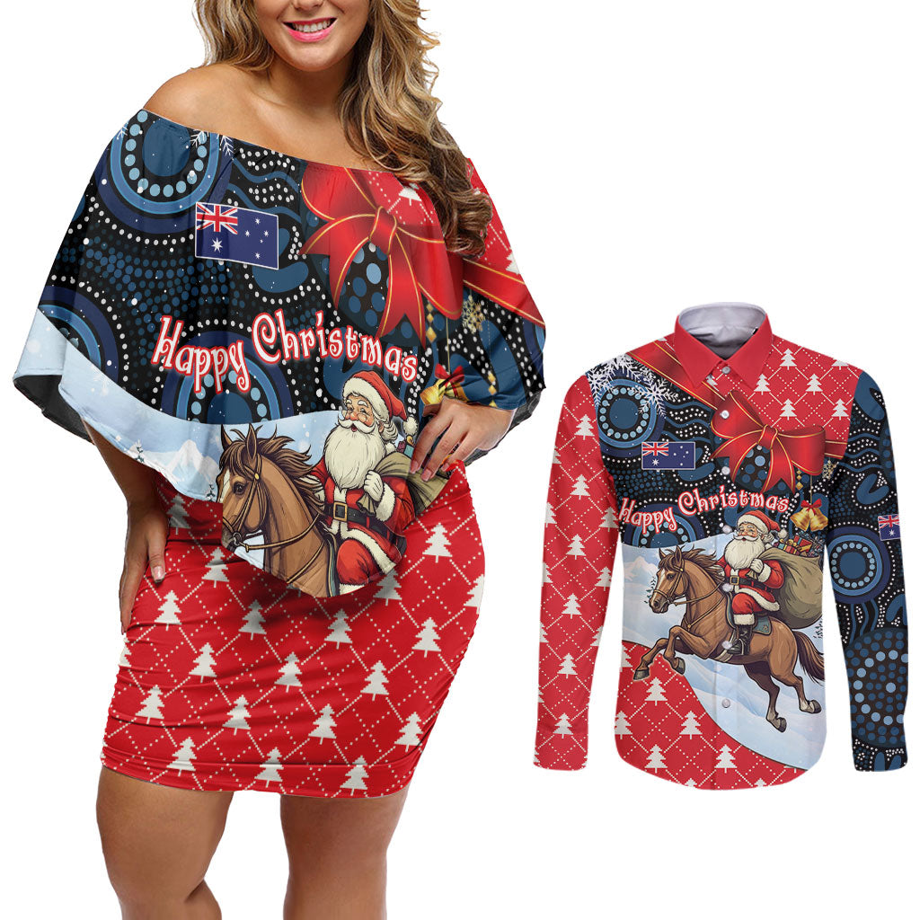 Australia Christmas In July Personalised Couples Matching Off Shoulder Short Dress and Long Sleeve Button Shirt Santa Horse Racing Aboriginal Dot Art