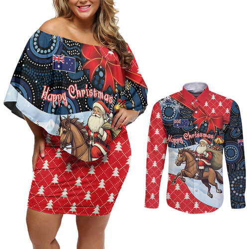 Australia Christmas In July Personalised Couples Matching Off Shoulder Short Dress and Long Sleeve Button Shirt Santa Horse Racing Aboriginal Dot Art