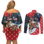 Australia Christmas In July Personalised Couples Matching Off Shoulder Short Dress and Long Sleeve Button Shirt Santa Horse Racing Aboriginal Dot Art