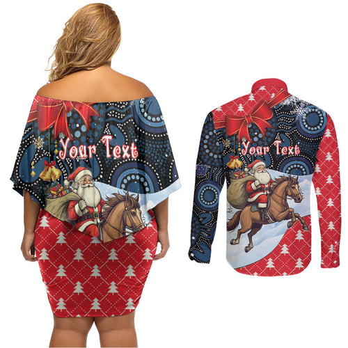 Australia Christmas In July Personalised Couples Matching Off Shoulder Short Dress and Long Sleeve Button Shirt Santa Horse Racing Aboriginal Dot Art