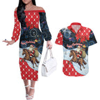 Australia Christmas In July Personalised Couples Matching Off The Shoulder Long Sleeve Dress and Hawaiian Shirt Santa Horse Racing Aboriginal Dot Art