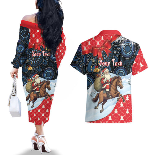Australia Christmas In July Personalised Couples Matching Off The Shoulder Long Sleeve Dress and Hawaiian Shirt Santa Horse Racing Aboriginal Dot Art