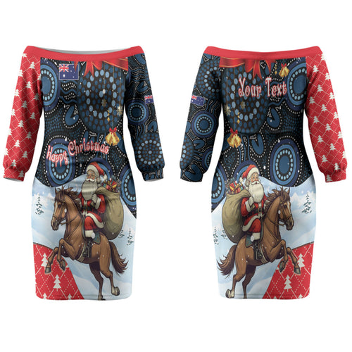 Australia Christmas In July Personalised Couples Matching Off The Shoulder Long Sleeve Dress and Hawaiian Shirt Santa Horse Racing Aboriginal Dot Art LT22