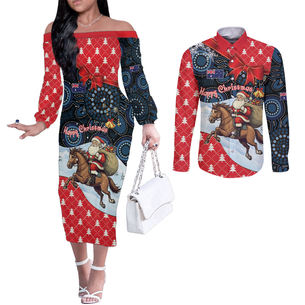 Australia Christmas In July Personalised Couples Matching Off The Shoulder Long Sleeve Dress and Long Sleeve Button Shirt Santa Horse Racing Aboriginal Dot Art