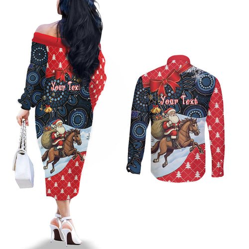 Australia Christmas In July Personalised Couples Matching Off The Shoulder Long Sleeve Dress and Long Sleeve Button Shirt Santa Horse Racing Aboriginal Dot Art