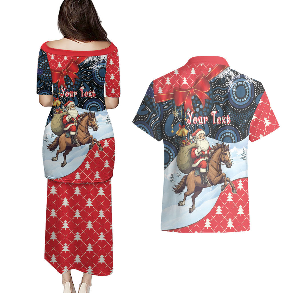 Australia Christmas In July Personalised Couples Matching Puletasi and Hawaiian Shirt Santa Horse Racing Aboriginal Dot Art