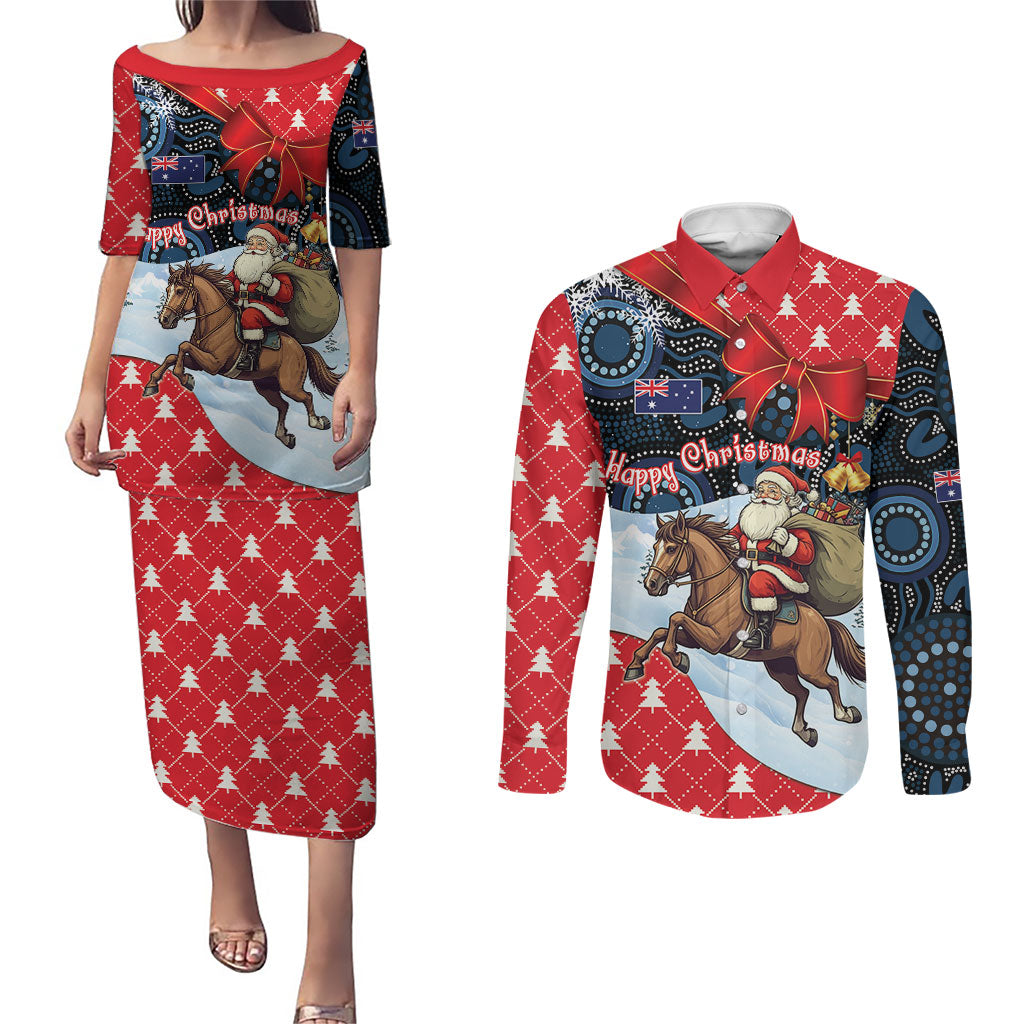 Australia Christmas In July Personalised Couples Matching Puletasi and Long Sleeve Button Shirt Santa Horse Racing Aboriginal Dot Art