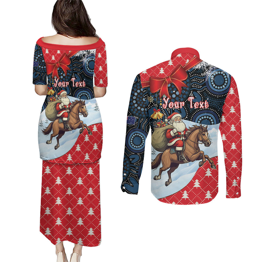 Australia Christmas In July Personalised Couples Matching Puletasi and Long Sleeve Button Shirt Santa Horse Racing Aboriginal Dot Art