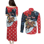 Australia Christmas In July Personalised Couples Matching Puletasi and Long Sleeve Button Shirt Santa Horse Racing Aboriginal Dot Art