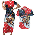 Australia Christmas In July Personalised Couples Matching Short Sleeve Bodycon Dress and Hawaiian Shirt Santa Horse Racing Aboriginal Dot Art