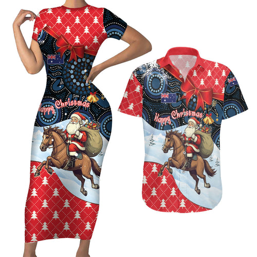 Australia Christmas In July Personalised Couples Matching Short Sleeve Bodycon Dress and Hawaiian Shirt Santa Horse Racing Aboriginal Dot Art