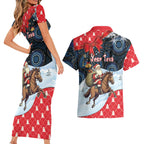 Australia Christmas In July Personalised Couples Matching Short Sleeve Bodycon Dress and Hawaiian Shirt Santa Horse Racing Aboriginal Dot Art