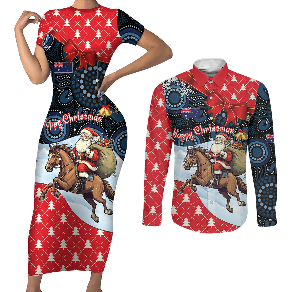 Australia Christmas In July Personalised Couples Matching Short Sleeve Bodycon Dress and Long Sleeve Button Shirt Santa Horse Racing Aboriginal Dot Art