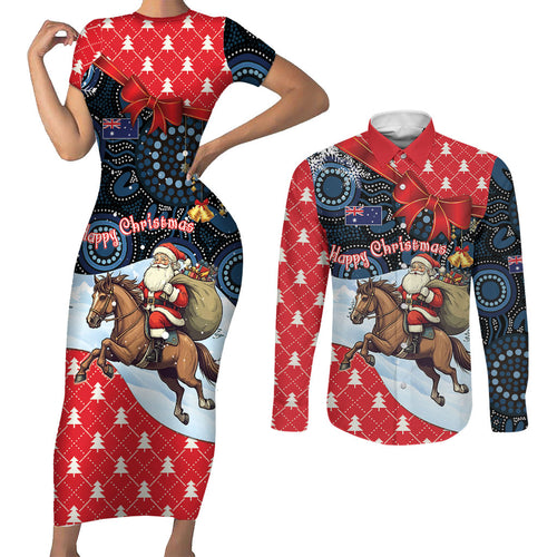 Australia Christmas In July Personalised Couples Matching Short Sleeve Bodycon Dress and Long Sleeve Button Shirt Santa Horse Racing Aboriginal Dot Art