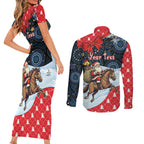 Australia Christmas In July Personalised Couples Matching Short Sleeve Bodycon Dress and Long Sleeve Button Shirt Santa Horse Racing Aboriginal Dot Art