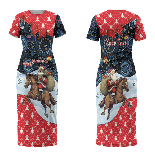 Australia Christmas In July Personalised Couples Matching Short Sleeve Bodycon Dress and Long Sleeve Button Shirt Santa Horse Racing Aboriginal Dot Art LT22